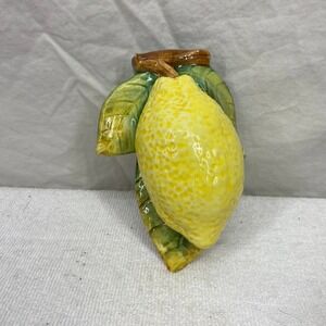Vintage Ceramic Lemon Wall Pocket Hanging Planter Majolica Style Yellow Fruit 7"